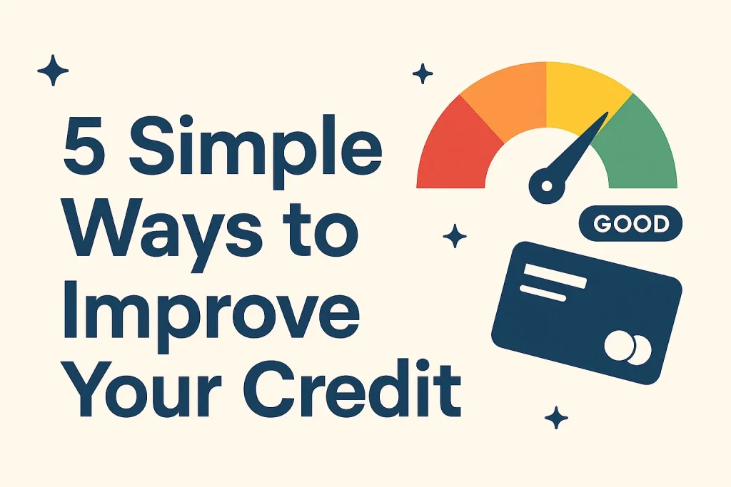 Credit score gauge and card icon illustrating tips to improve credit