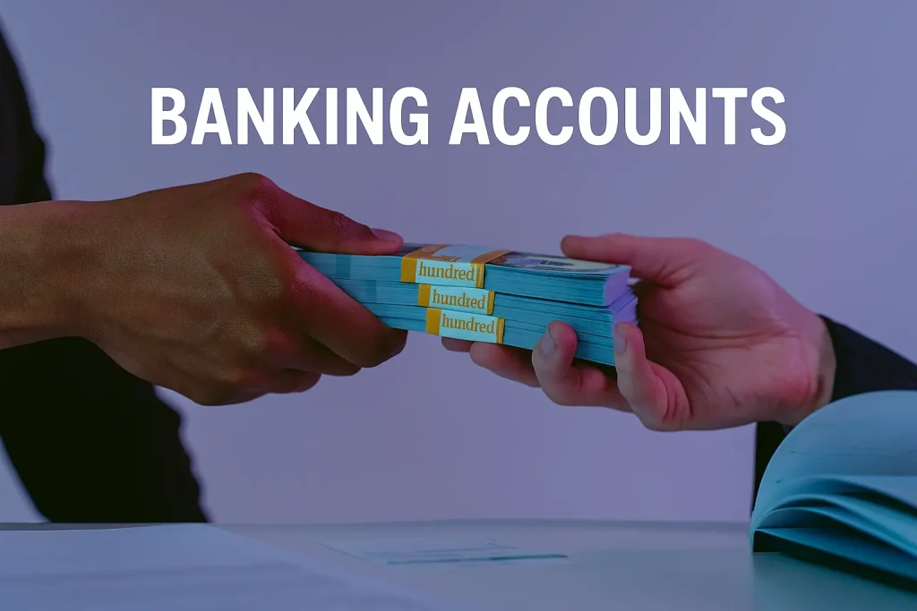 Two hands exchanging stacks of cash, representing banking transactions or account services