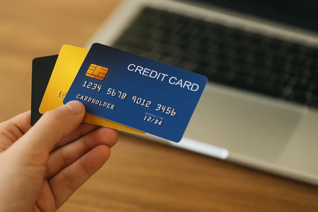 Hand holding three colorful credit cards in front of a laptop on a wooden desk