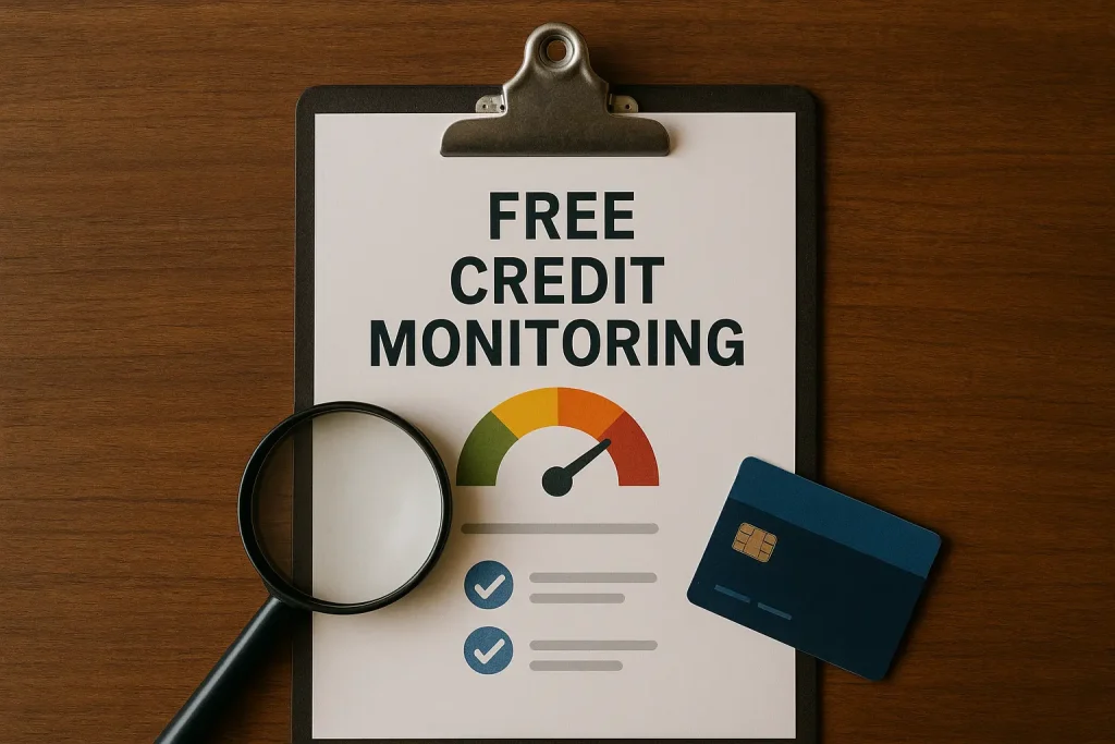 Banner image with clipboard labeled Free Credit Monitoring, credit card, and magnifying glass on wooden table