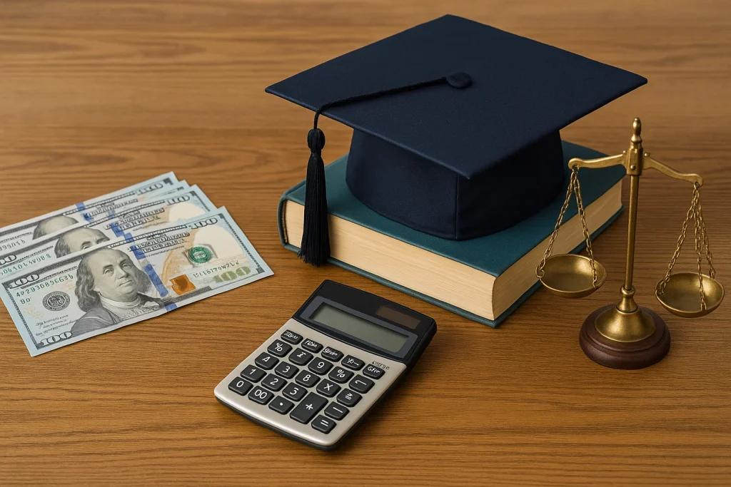 Graduation cap with books, cash, balance scale, and calculator on a wooden desk representing student loan planning