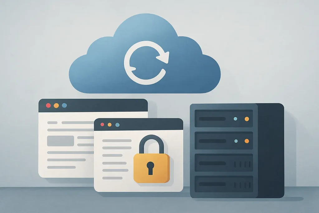 Realistic web hosting illustration with cloud sync, browser windows, and server rack