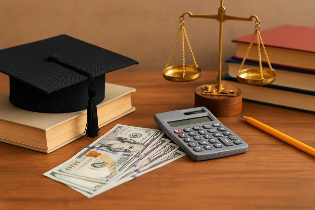 Graduation cap on a book beside dollar bills, calculator, pencil, and golden scale on a wooden table
