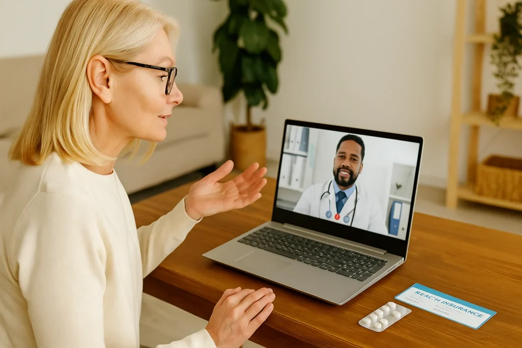 Woman speaking with a doctor during an online consultation, illustrating modern telemedicine coverage at home.