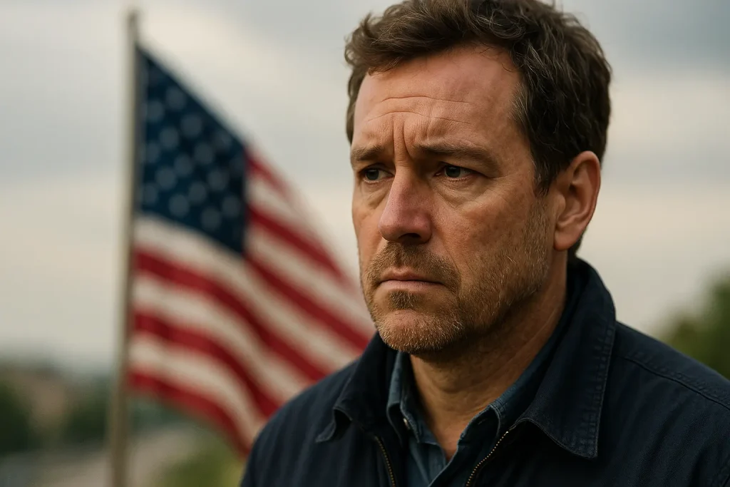 Concerned American man standing in front of the U.S. flag, symbolizing national impact of the trade deficit in 2025