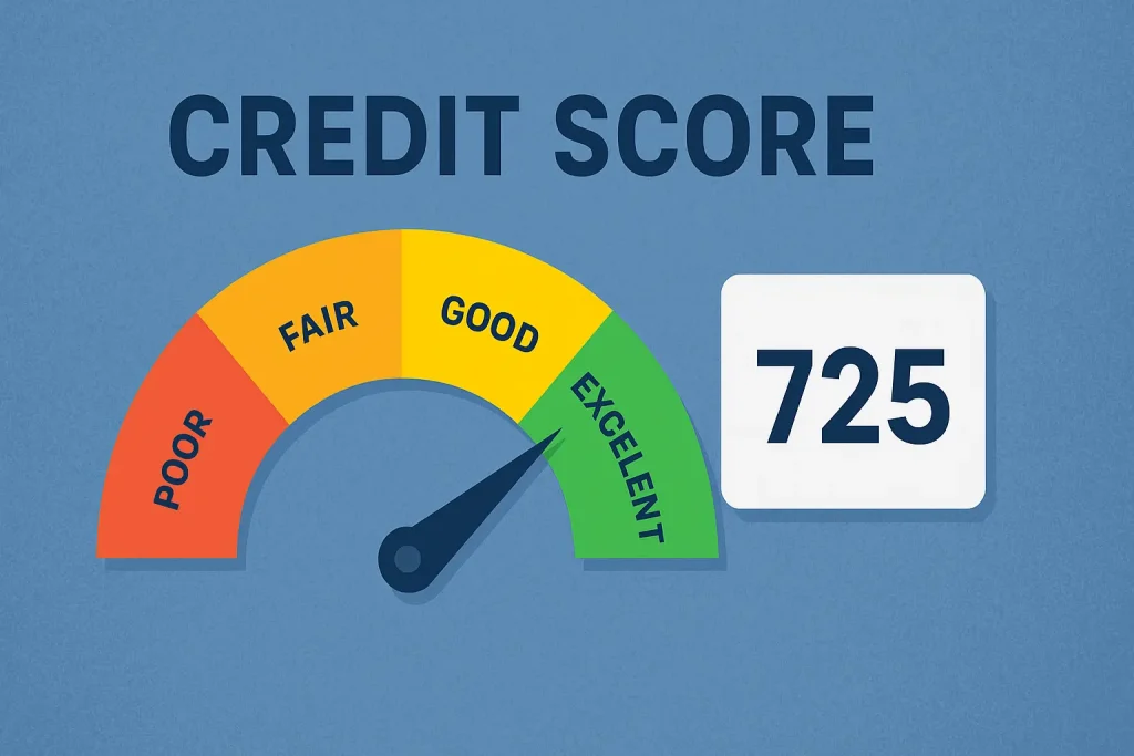 Credit score gauge showing a score of 725 marked as good to excellent
