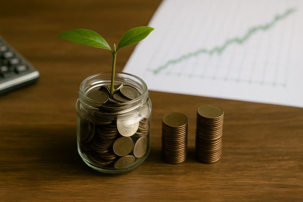 Investing for Beginners – a realistic photo of a plant sprouting from a coin jar with financial chart in background