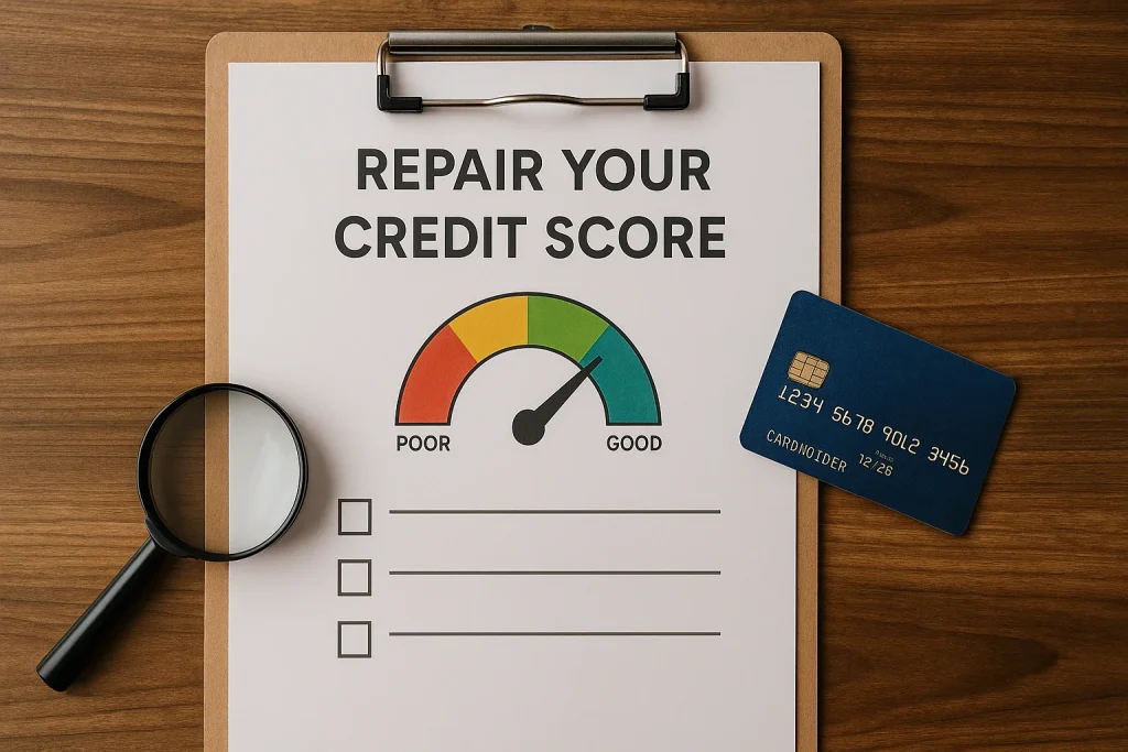 Banner image with clipboard showing credit repair document, credit card, and magnifying glass