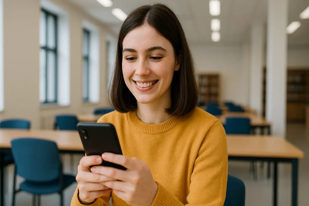 Young woman in mustard sweater smiling while using mobile banking app indoors
