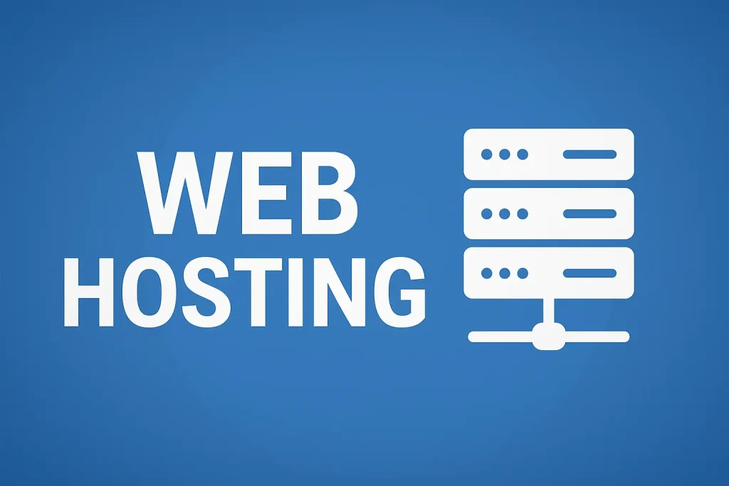 Web Hosting banner with white server icon and bold text on a blue background