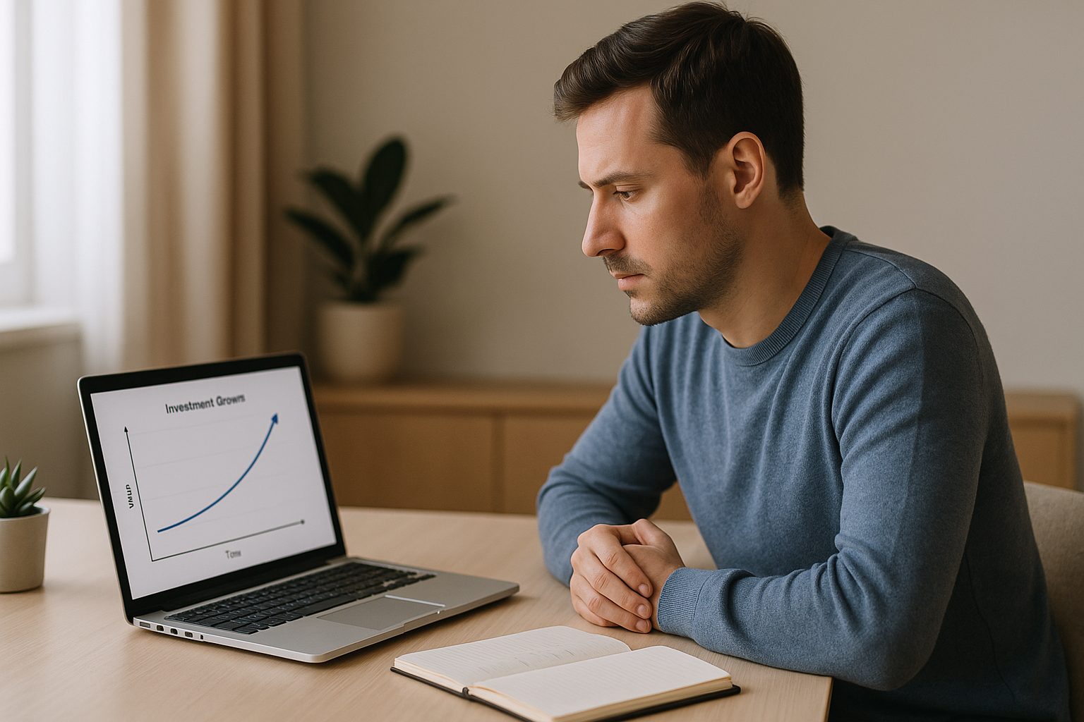 A man reviewing a rising investment chart on his laptop as he plans for his Financial Future at a clean home desk.