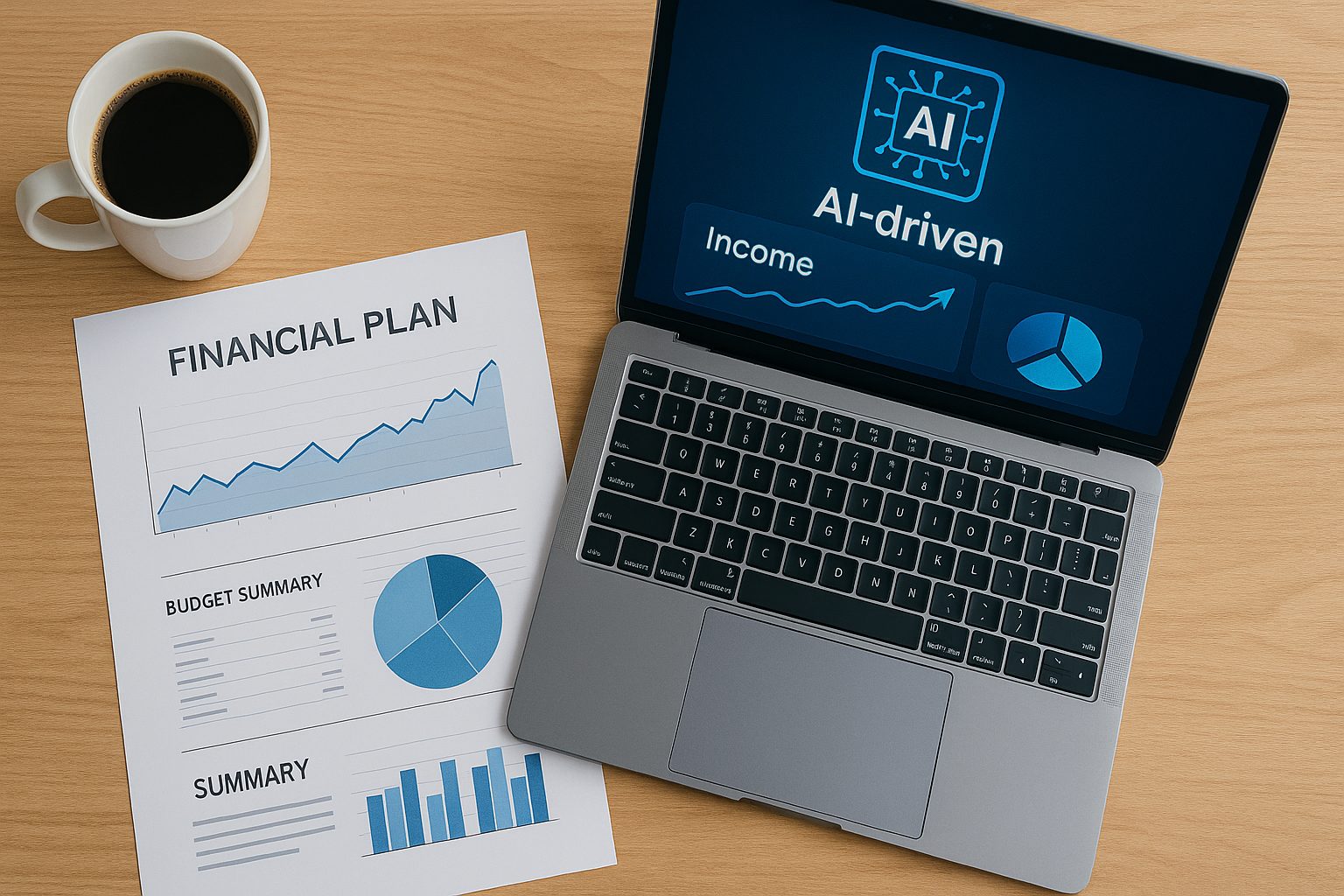 A flat lay of financial planning tools with an AI-driven finance app displayed on a laptop, showcasing How AI Will Change Personal Finance.