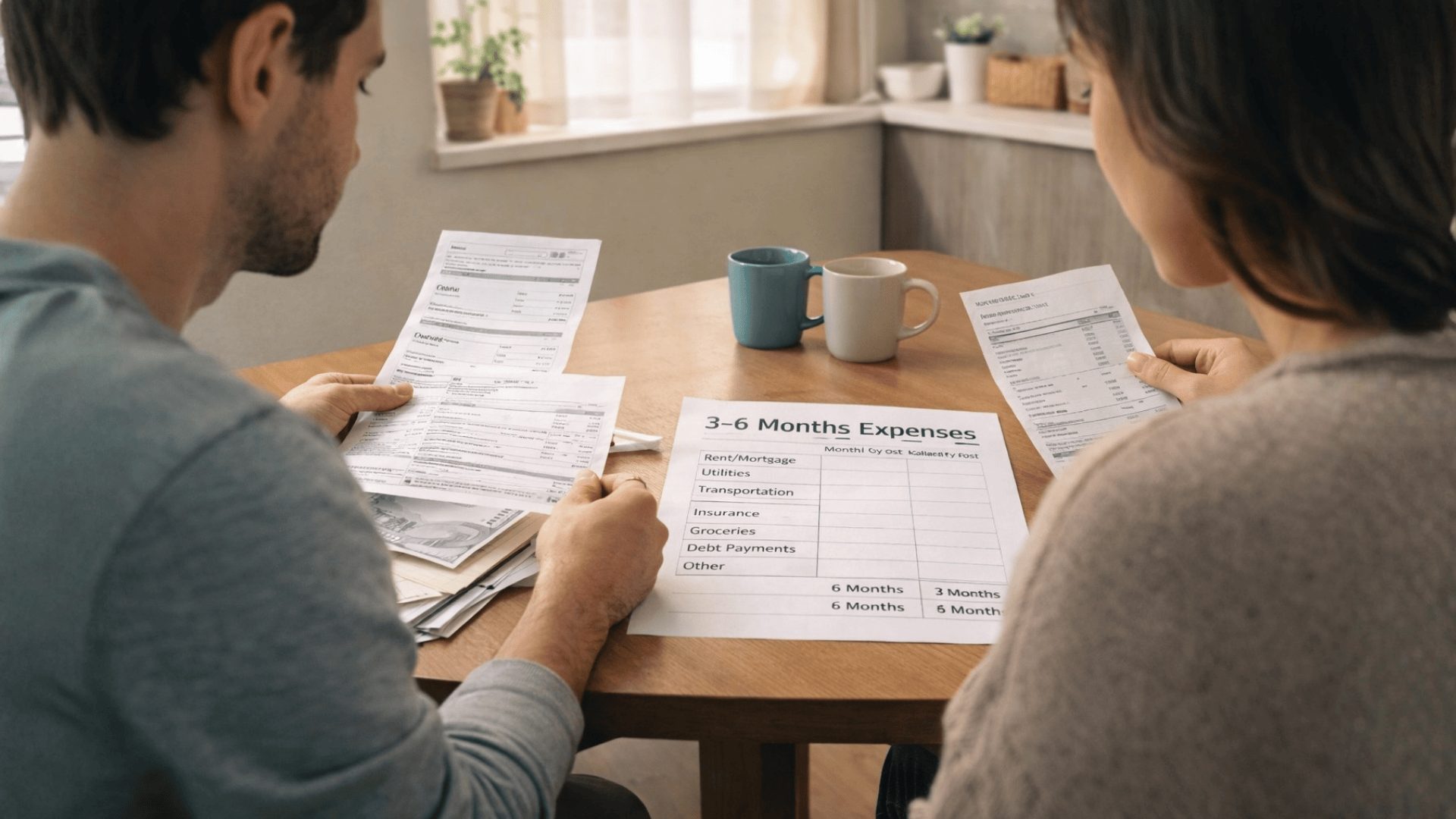 Couple reviewing bills and calculating the Emergency fund amount from monthly essentials